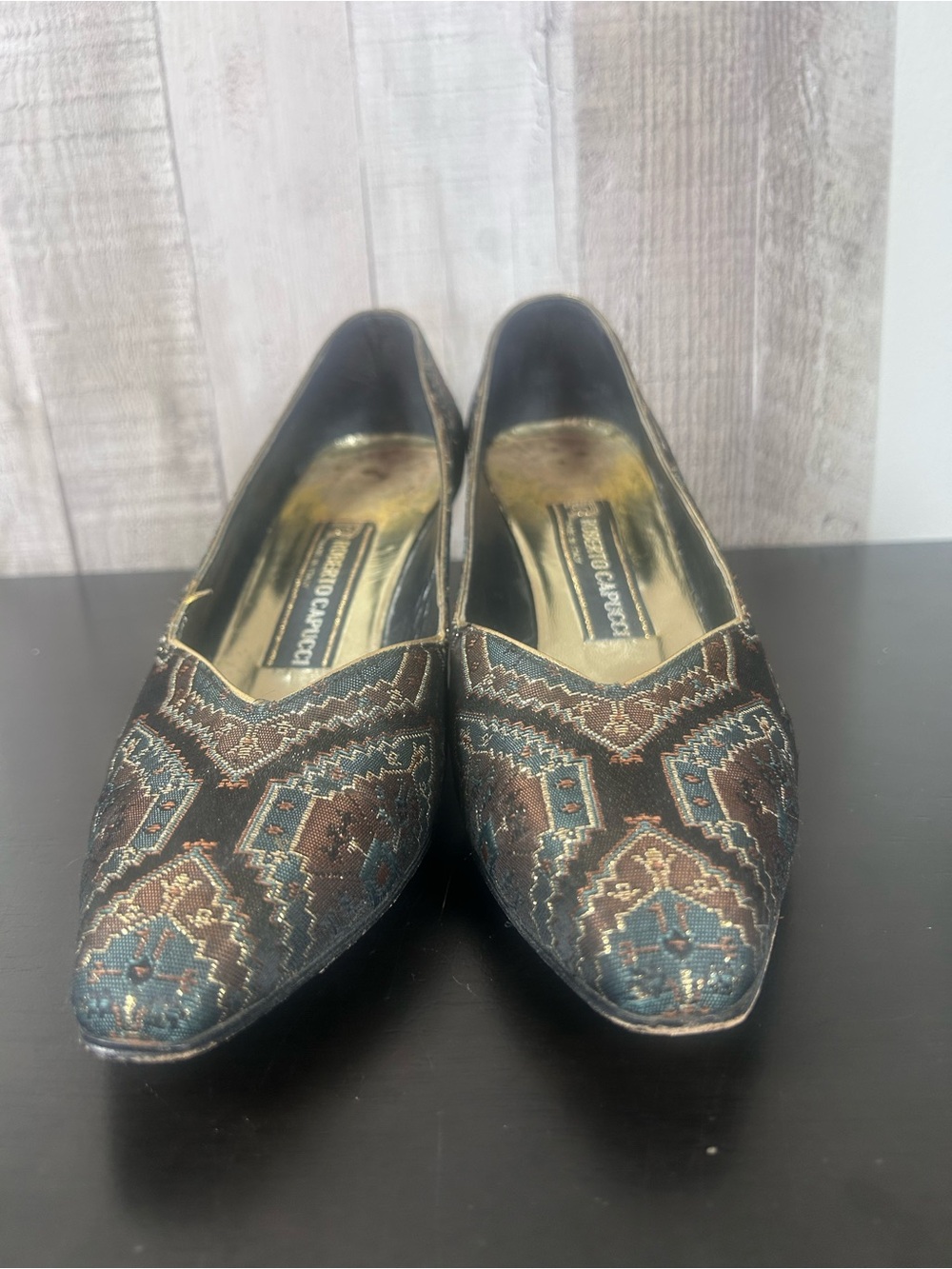 Vintage Roberto Capucci Italy Tapestry Jacquard Kitten Heel Pumps 10.5 AA w/ Box - Picture 5 of 11